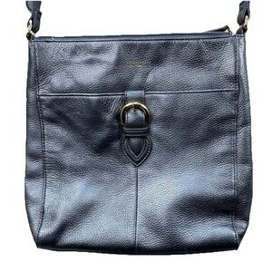 Tignanello Shiny Irridescent Blue Grey Pebbled Leather Messenger Bag Zip Top‎